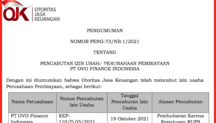 Tidak Penuhi Hak dan Kewajiban, OJK Cabut Izin Pembiayaan OVO. Ada Apa Ya?