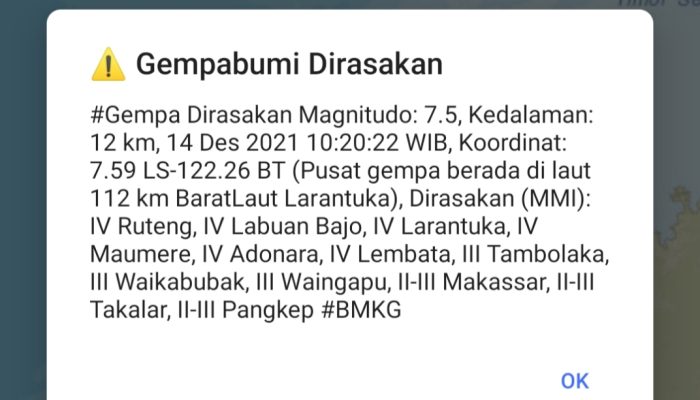 Gempa Dengan Kekuatan Magnitudo 7.5 Guncang Larantuka NTT