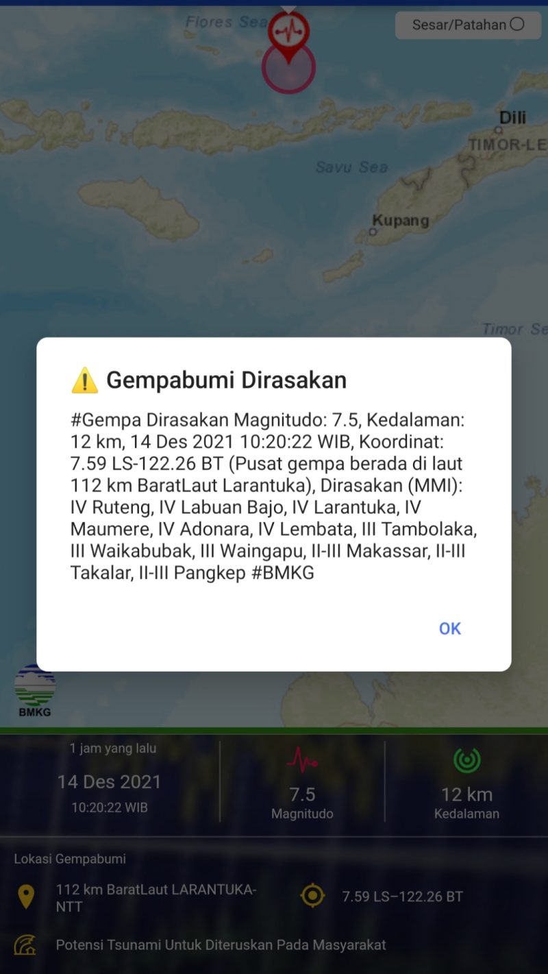 FOTO : Jepretan dari aplikasi BMKG terkait informasi gempa dan peringatan dini tsunami. Selasa (14/12/2021)