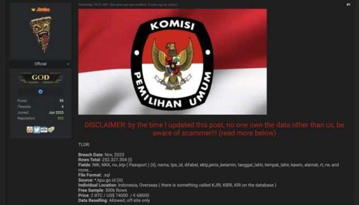 Hacker Jimbo Klaim Bocorkan Data KPU, 204 Juta Data Dijual Senilai Rp 1,2 Miliar