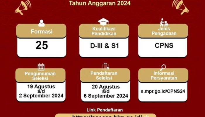 Rincian Formasi CPNS Setjen MPR RI 2024, Cek Jurusan dan Jabatannya